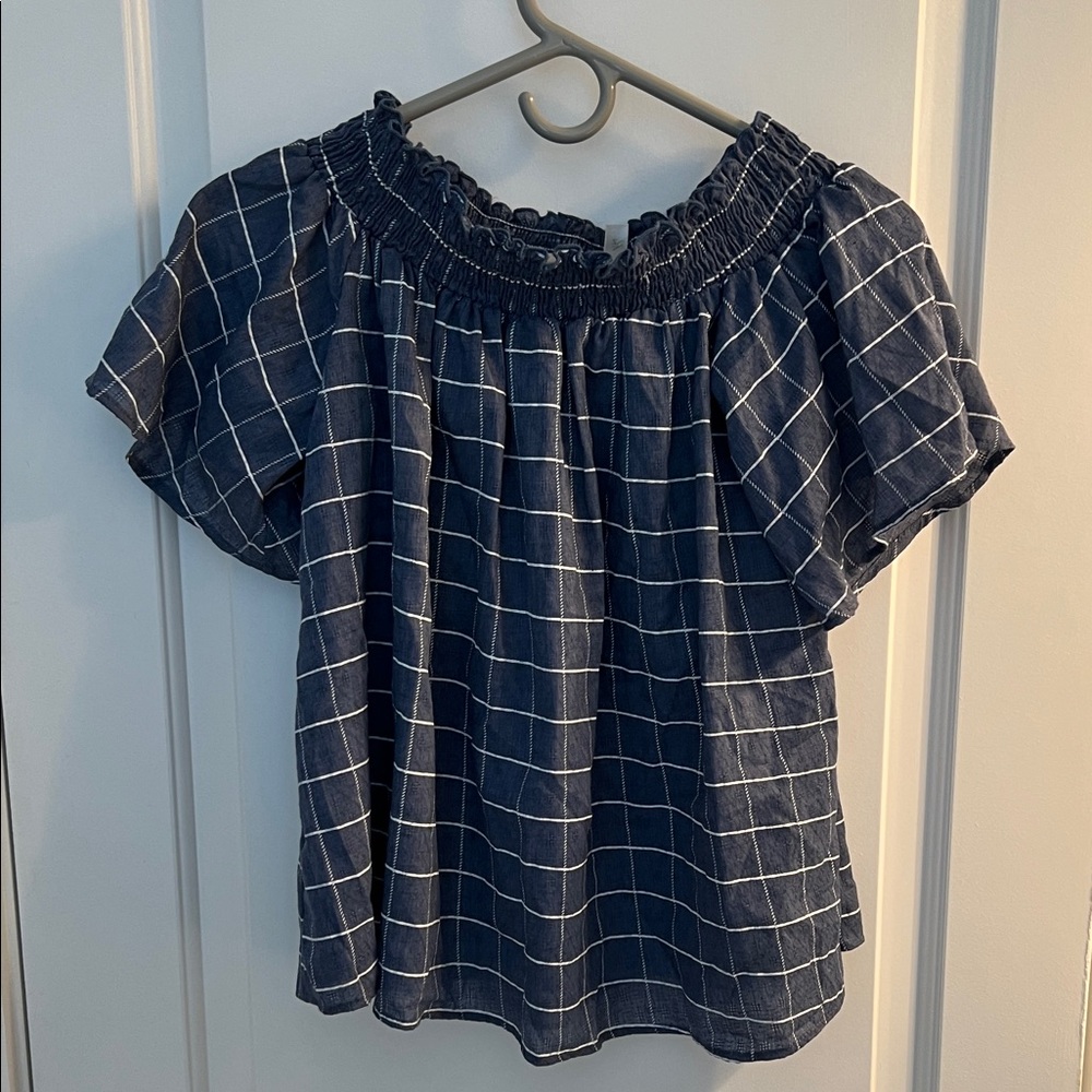 Love in Navy Plaid Off-Shoulder Blouse